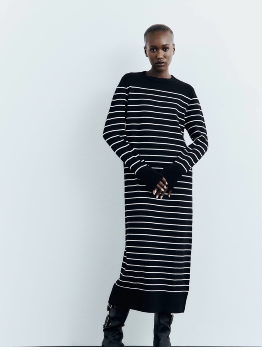 Zara Black and White Striped Long Sleeve Knitwear Maxi Dress size Large